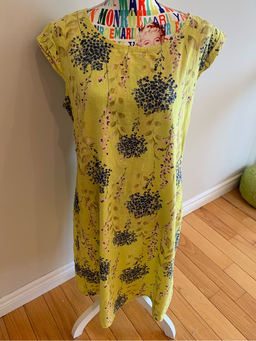 100% Linen Yellow Floral Midi Dress Made in Italy